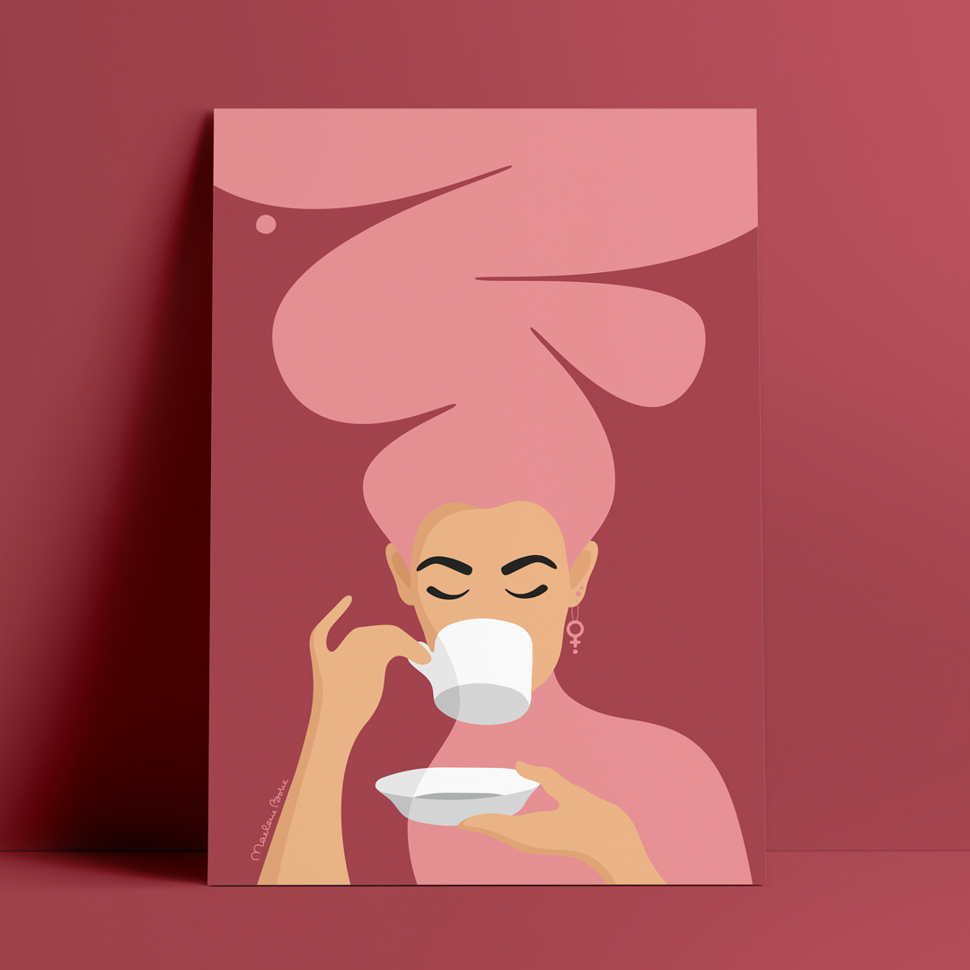 Print / poster med motivet Kaffekvinnan – en kvinna med stort bubbligt hår, en venussymbol i örat och som njuter av en kopp kaffe. Färg: röd och rosa.