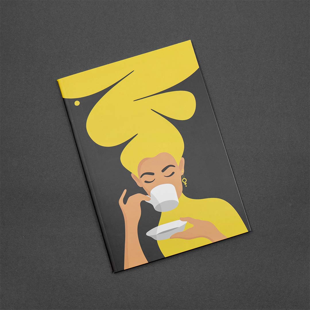 Ritblock / skissblock / anteckningsblock med motivet Kaffekvinnan i gult på omslaget. Inlagan består av 36 blanka sidor i 200 g miljömärkt papper.