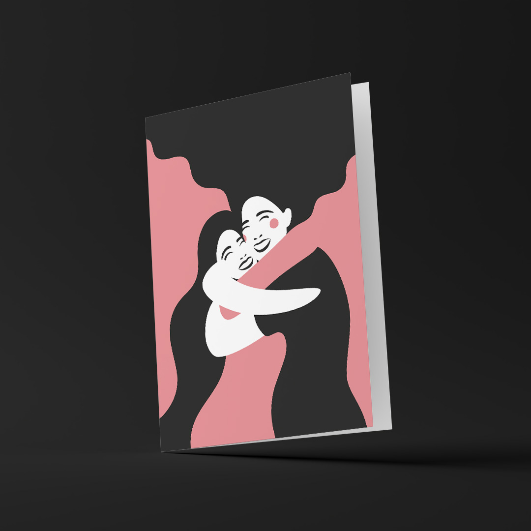Grattiskort / vikt kort med motivet Systrar – två kvinnor som ger varandra en stor, varm och glad kram. Färg: rosa.