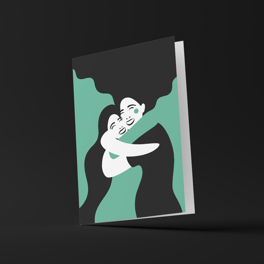 Grattiskort / vikt kort med motivet Systrar – två kvinnor som ger varandra en stor, varm och glad kram. Färg: turkos / mint.