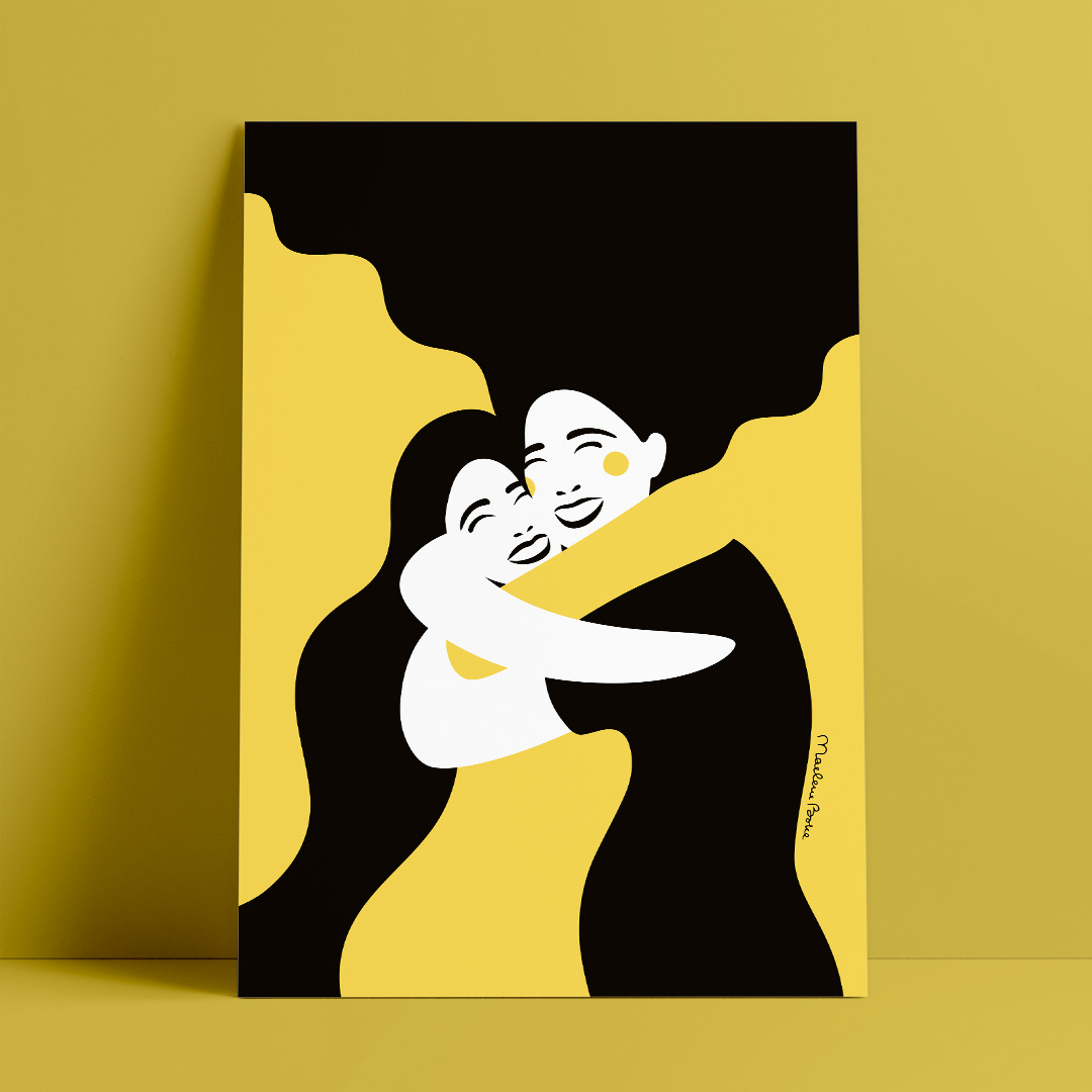 Poster med motivet Systrar – två kvinnor som ger varandra en stor, varm, glad och kärleksfull kram. Färg: gul.