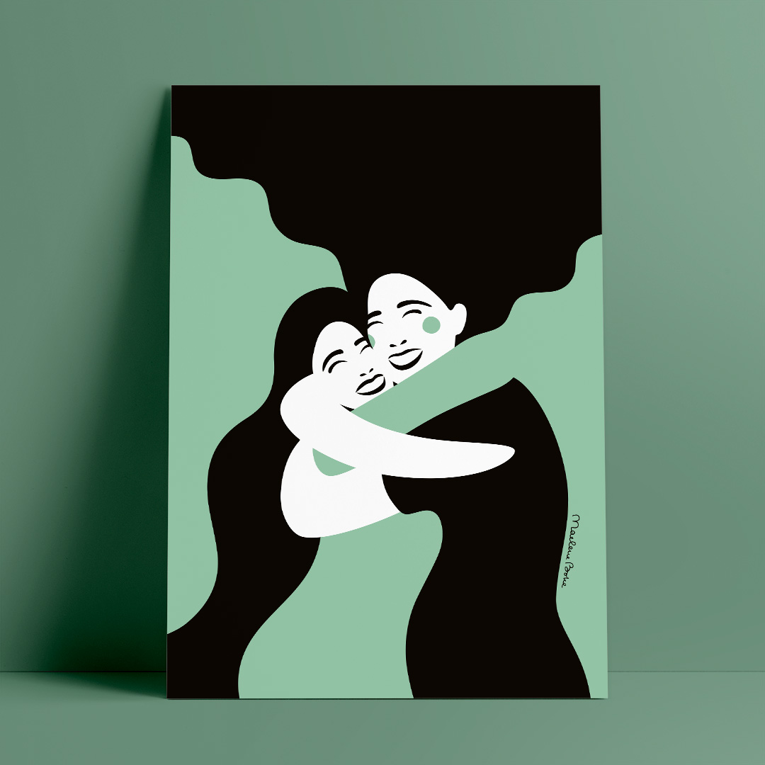 Poster med motivet Systrar – två kvinnor som ger varandra en stor, varm, glad och kärleksfull kram. Färg: mint / turkos.