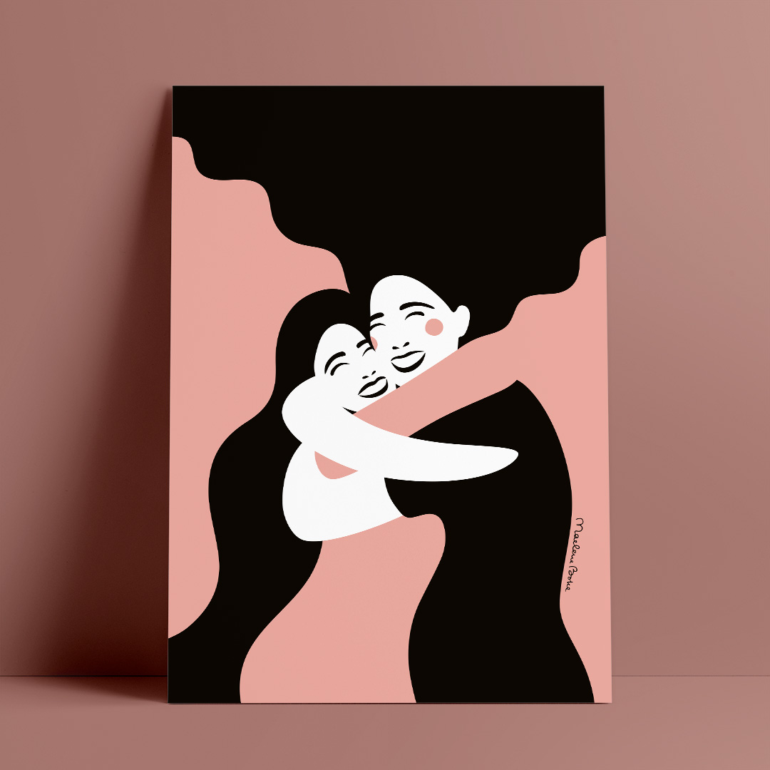 Poster med motivet Systrar – två kvinnor som ger varandra en stor, varm, glad och kärleksfull kram. Färg: rosa.