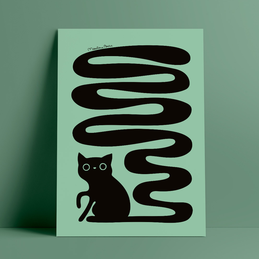 Poster med motivet Svanskatten – en katt med lång slingrande svans. Färg: mint / mintgrön / turkos.
