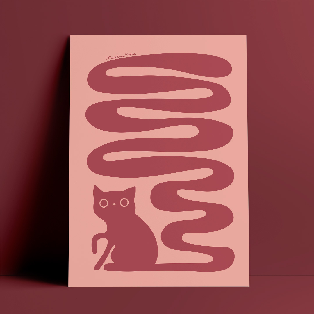 Poster med motivet Svanskatt – en katt med lång slingrande svans. Färg: röd och rosa.