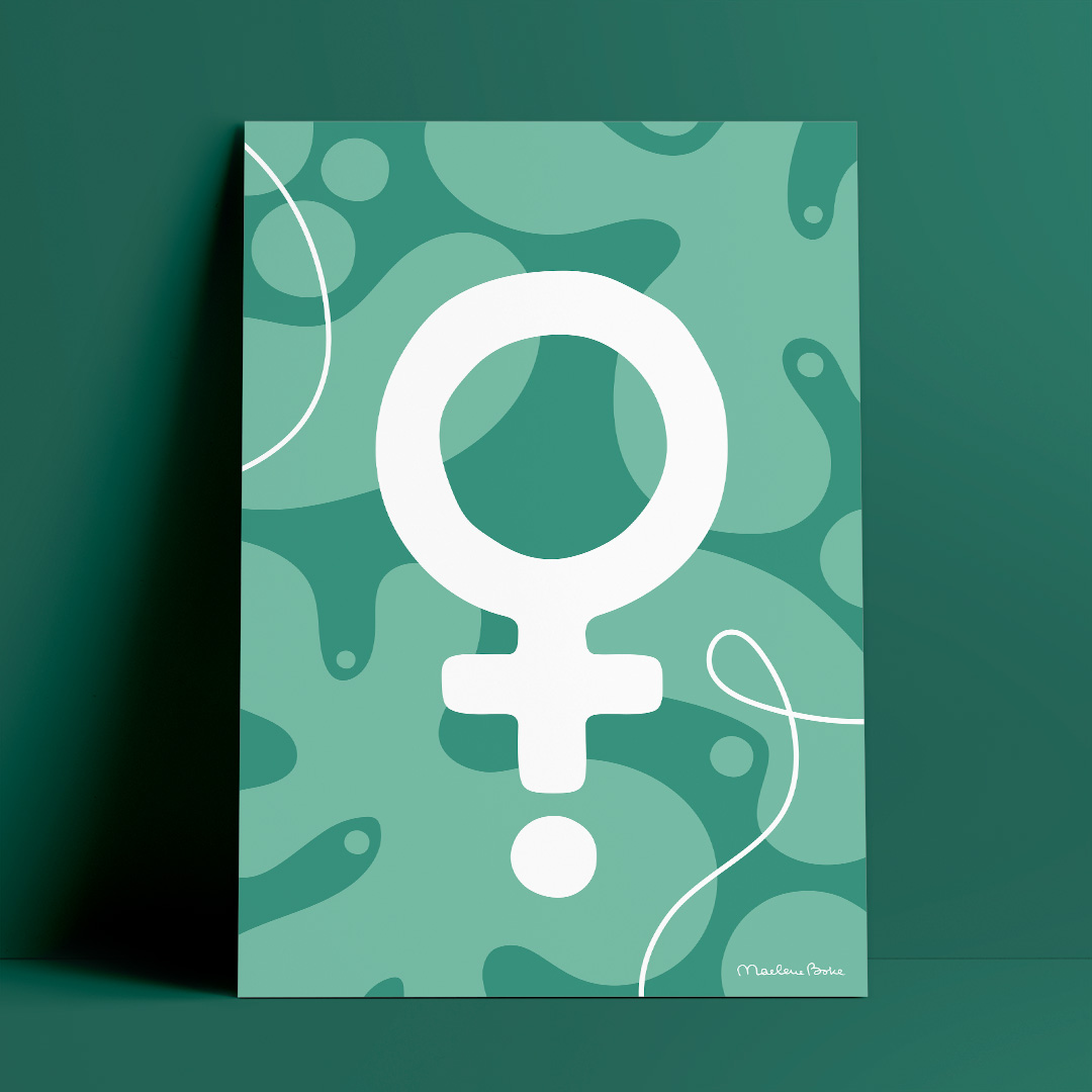 Poster med motivet Venus – en vit venussymbol / kvinnosymbol / feministsymbol med ett lekfullt blobbigt mönster bakom. Färg: turkos och mint.