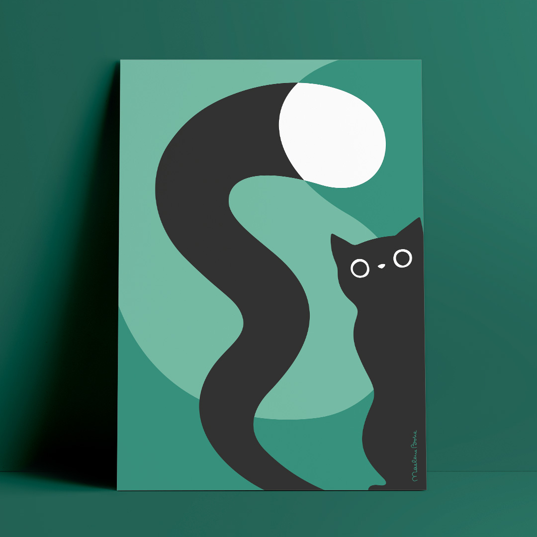 Poster med motivet Nyfiken Katt – en svart katt som kikar fram. Katten har lång slingrande svans. Färg: turkos och mint.