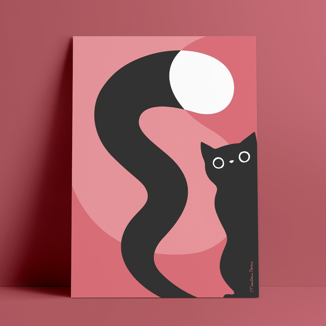 Poster med motivet Nyfiken Katt – en svart katt som kikar fram. Katten har lång slingrande svans. Färg: rosa.