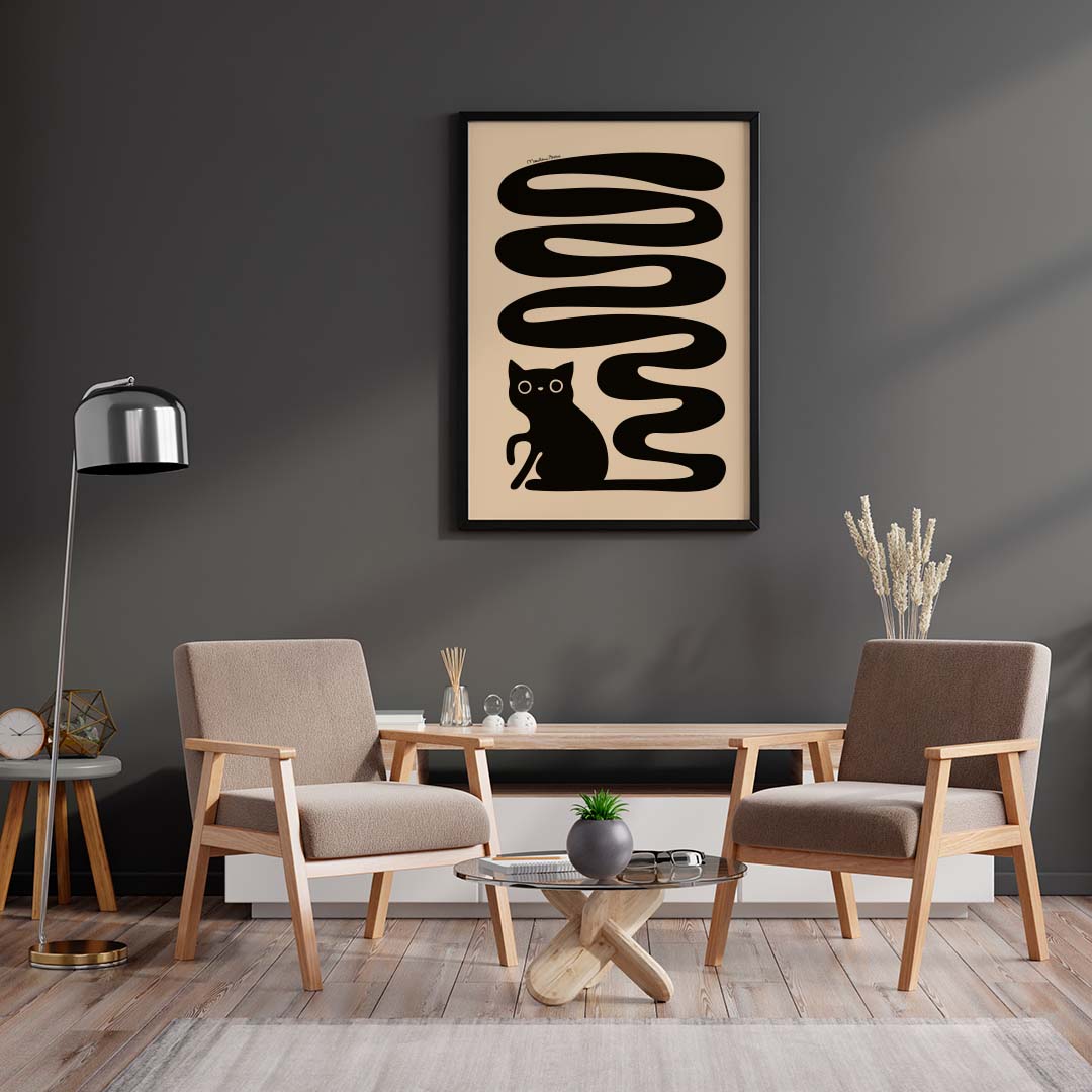 Poster med motivet Svanskatten – en katt med lång slingrande svans. Färg: sand / beige.