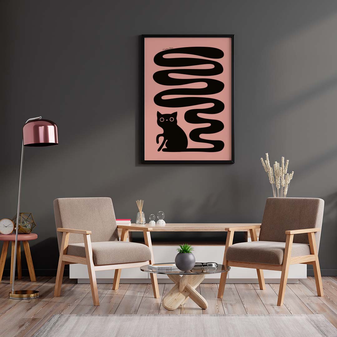 Poster med motivet Svanskatten – en svart katt med lång slingrande svans. Färg: rosa.