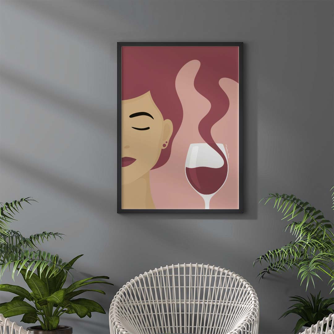Poster med det grafiska motivet Tipsy – här i versionen med rödvin. Inramad på grå vägg. Färg: hallonröd och rosa.