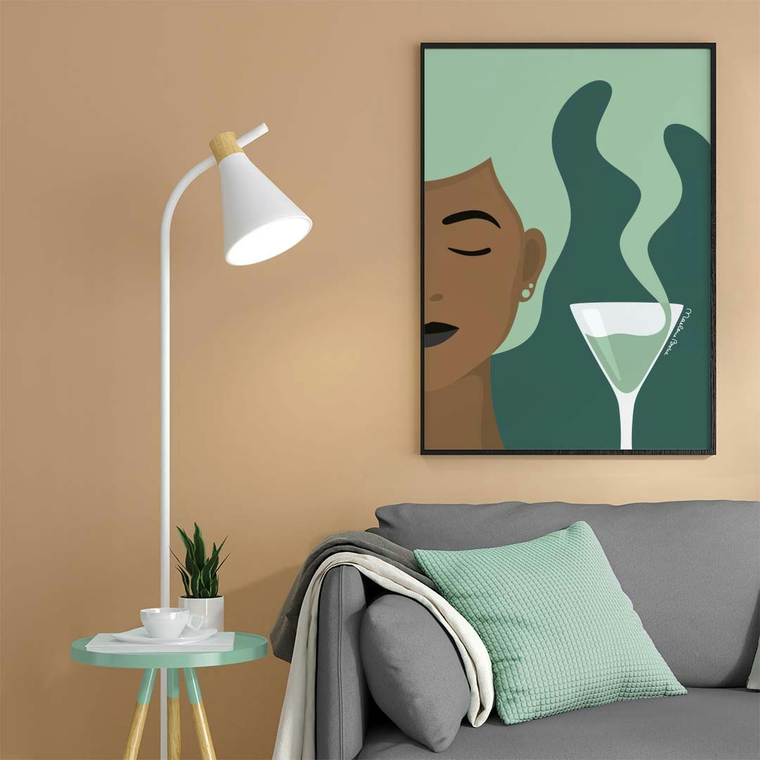 Poster med det grafiska motivet Tipsy – här i en version med en cocktail. Färg: mint och petrol.