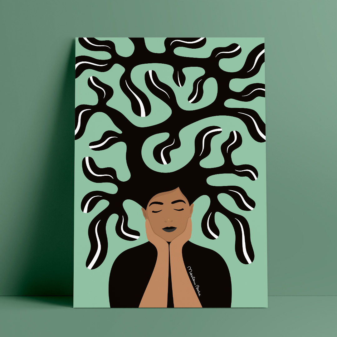 Print / poster med motivet Growing – en kvinna med grönskande hår och personlig utveckling. Färg: mint.