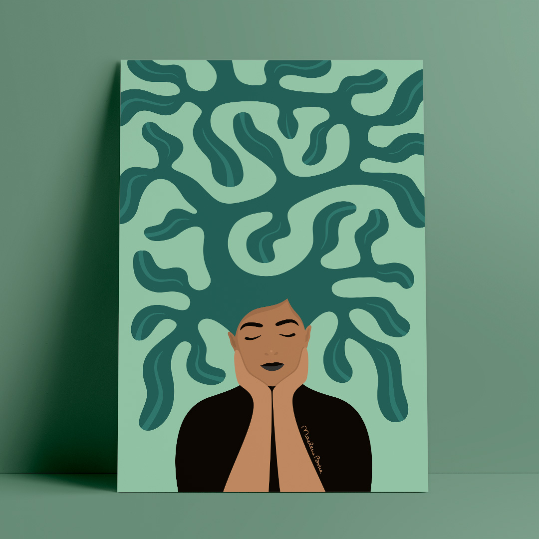 Print / poster med motivet Growing – en kvinna med grönskande hår och personlig utveckling. Färg: petrol / mint / turkos.