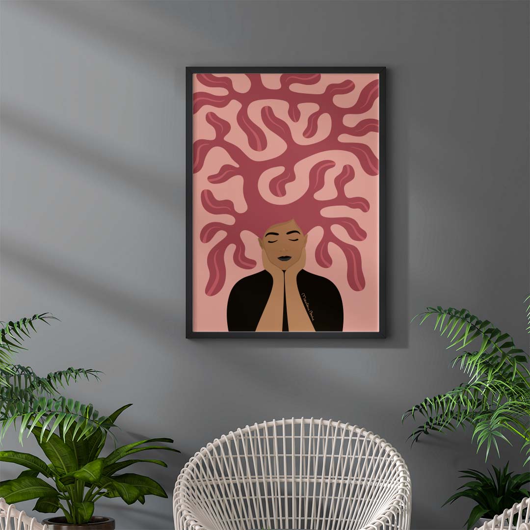 Print / poster med motivet Growing – en kvinna med grönskande hår och personlig utveckling. Färg: rödrosa / rosa.