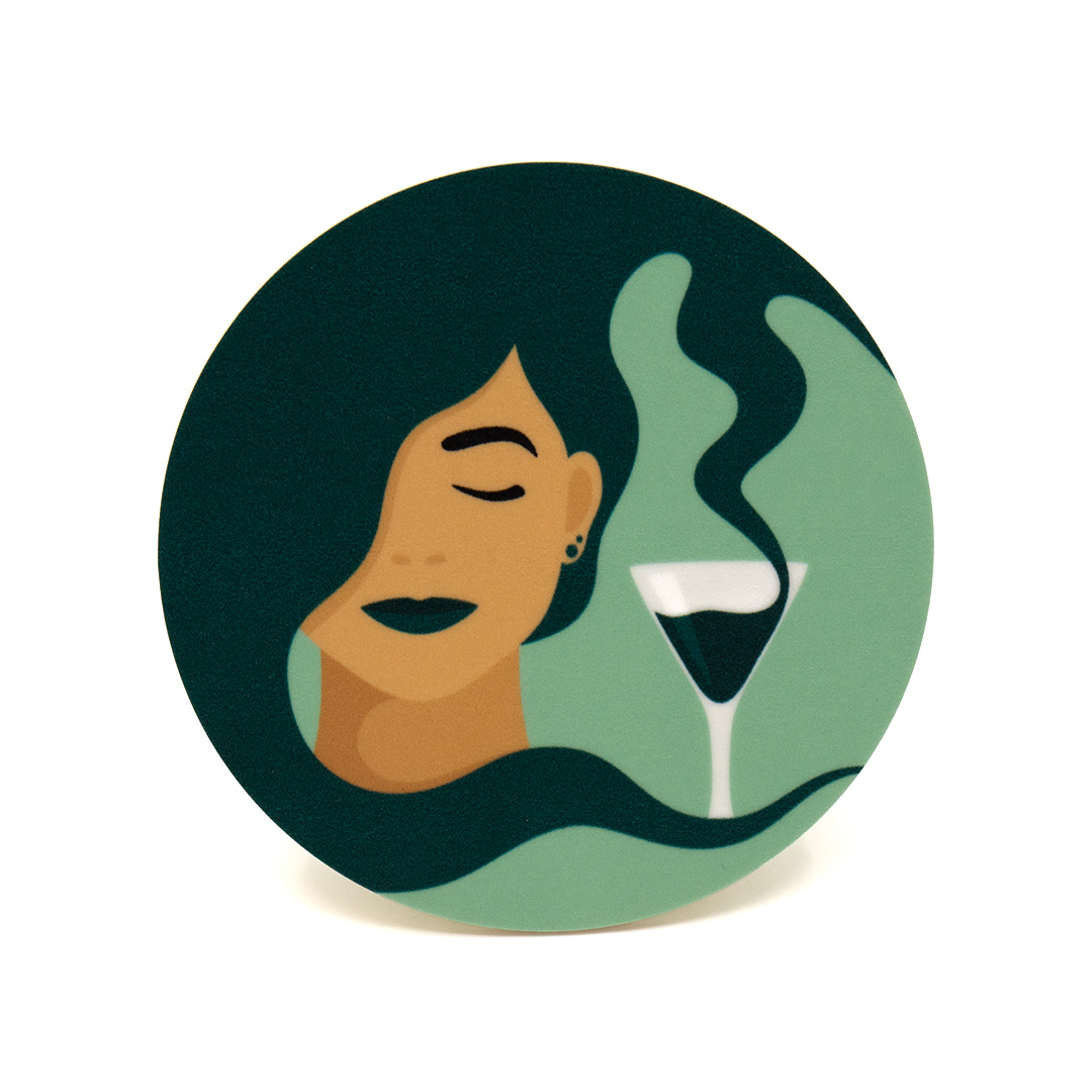 Coaster / glasunderlägg med motivet Tipsy – en kvinna vars hår blir till en drink som rinner ner i hennes cocktailglas. Färg: mint och petrol.
