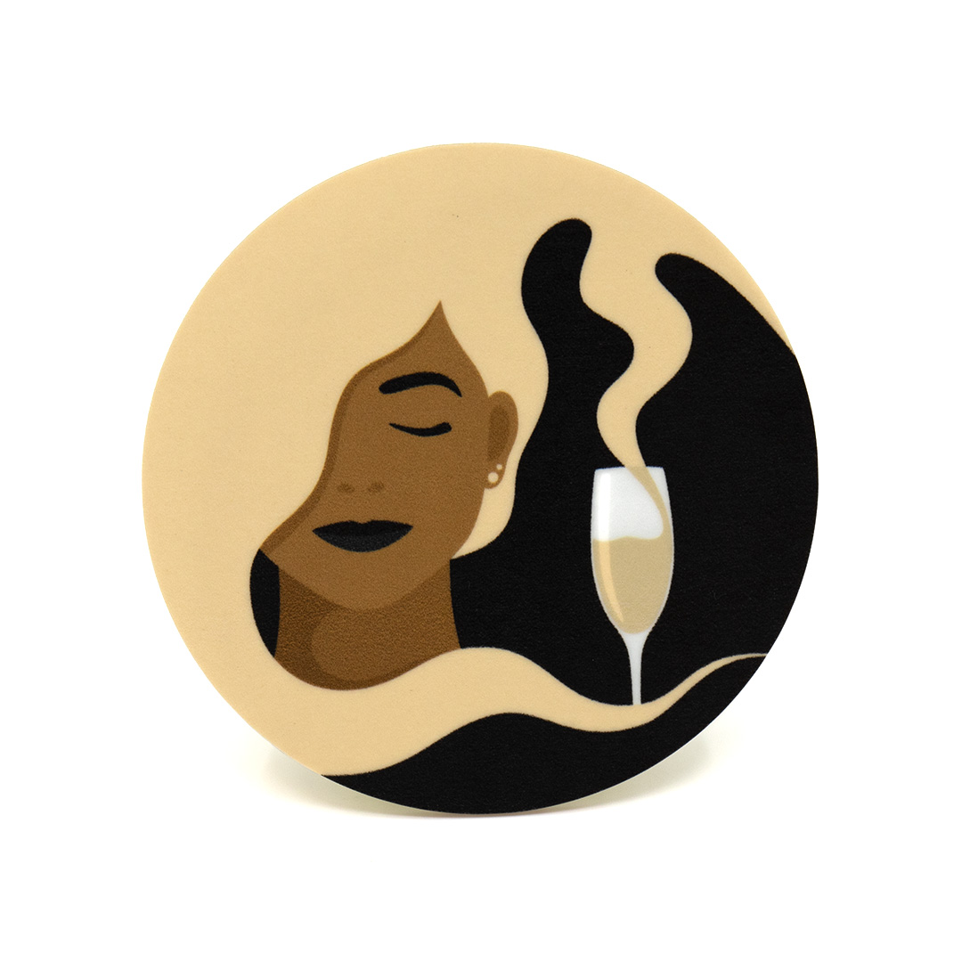 Coaster / glasunderlägg med motivet Tipsy – en kvinna vars hår blir till champagne som rinner ner i hennes champagneglas. Färg: sand och svart.