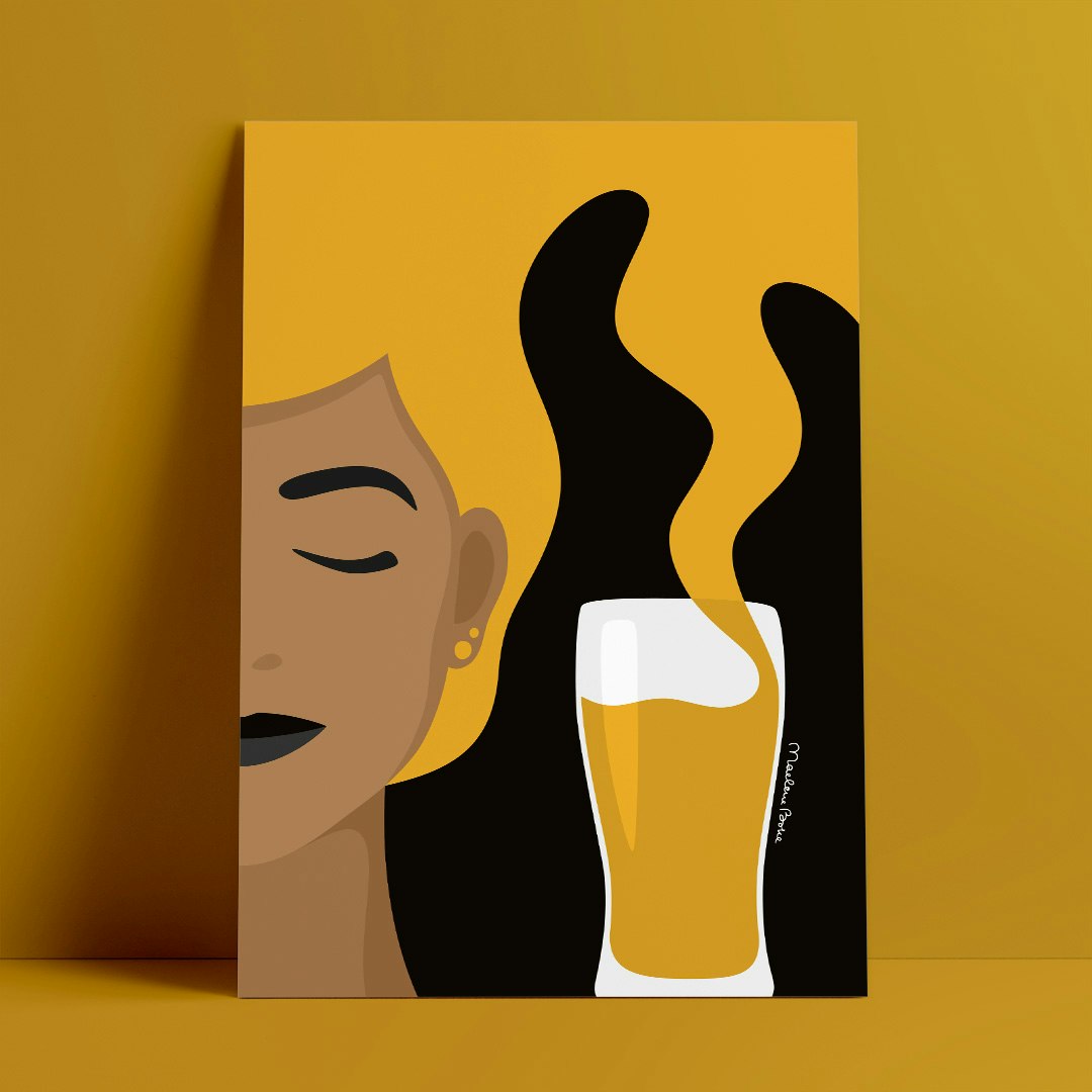 Poster med det grafiska motivet Tipsy – här i versionen med öl. Färg: senapsgul / orange.