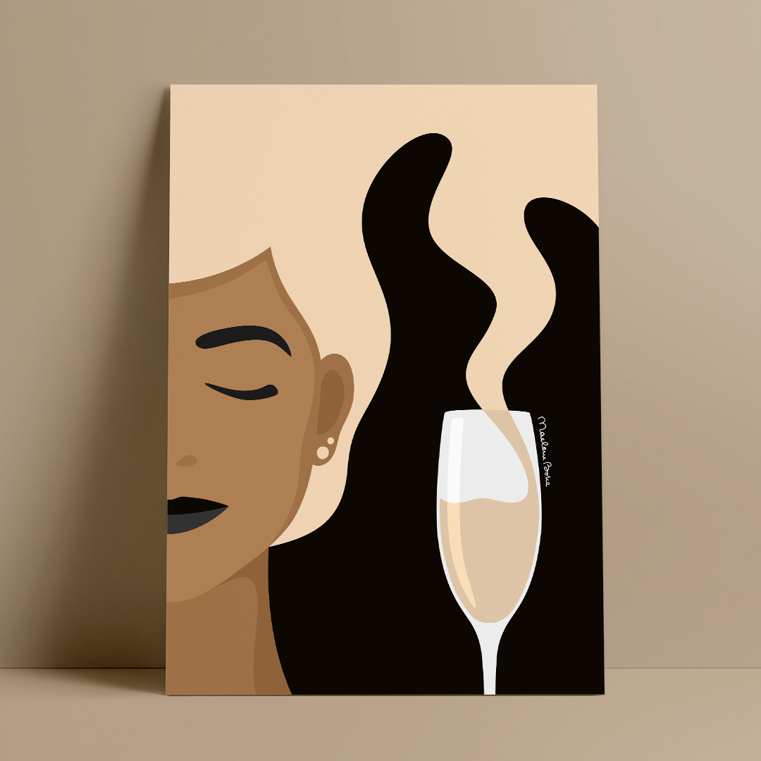 Poster med det grafiska motivet Tipsy – här i en version med champagne. Färg: sand / beige.