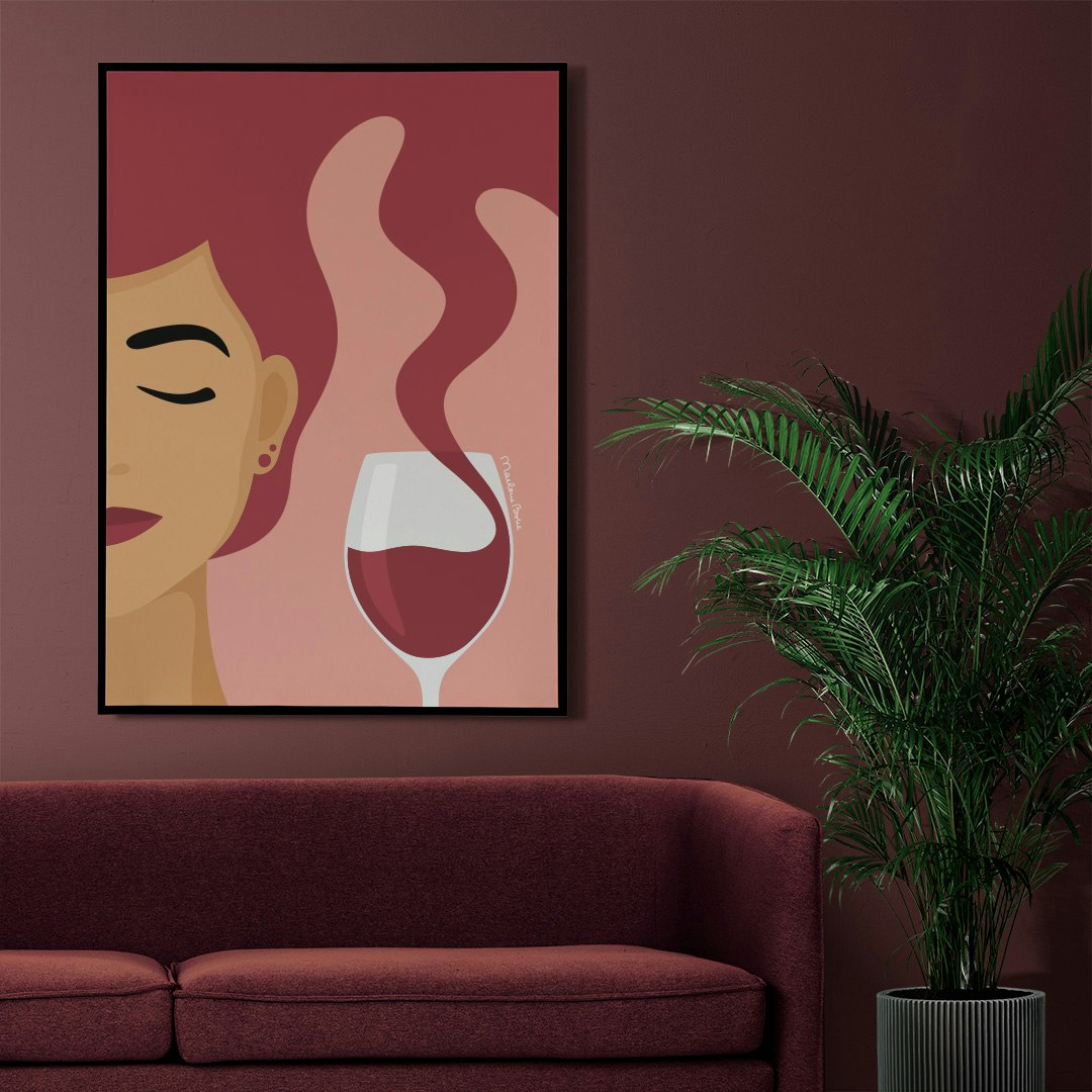 Poster med det grafiska motivet Tipsy – här i versionen med rödvin. Färg: röd och rosa.