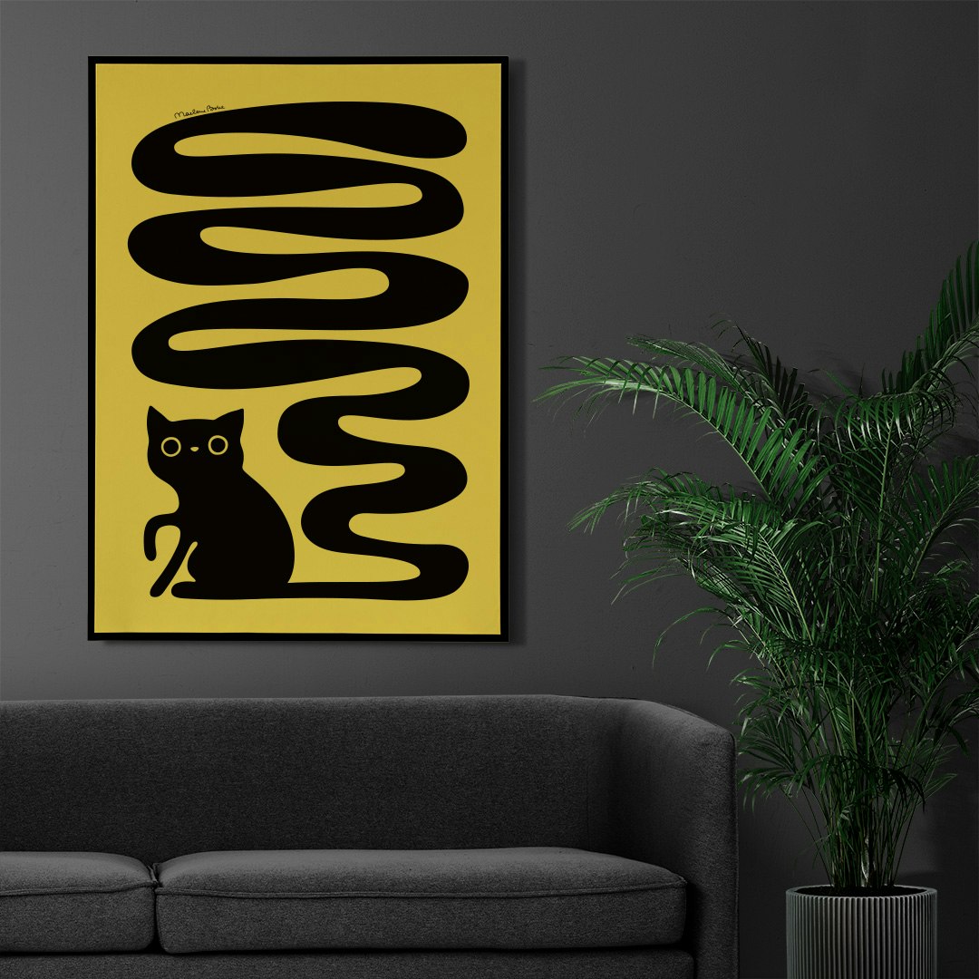 Poster med motivet Svanskatten – en katt med lång slingrande svans. Färg: gul.