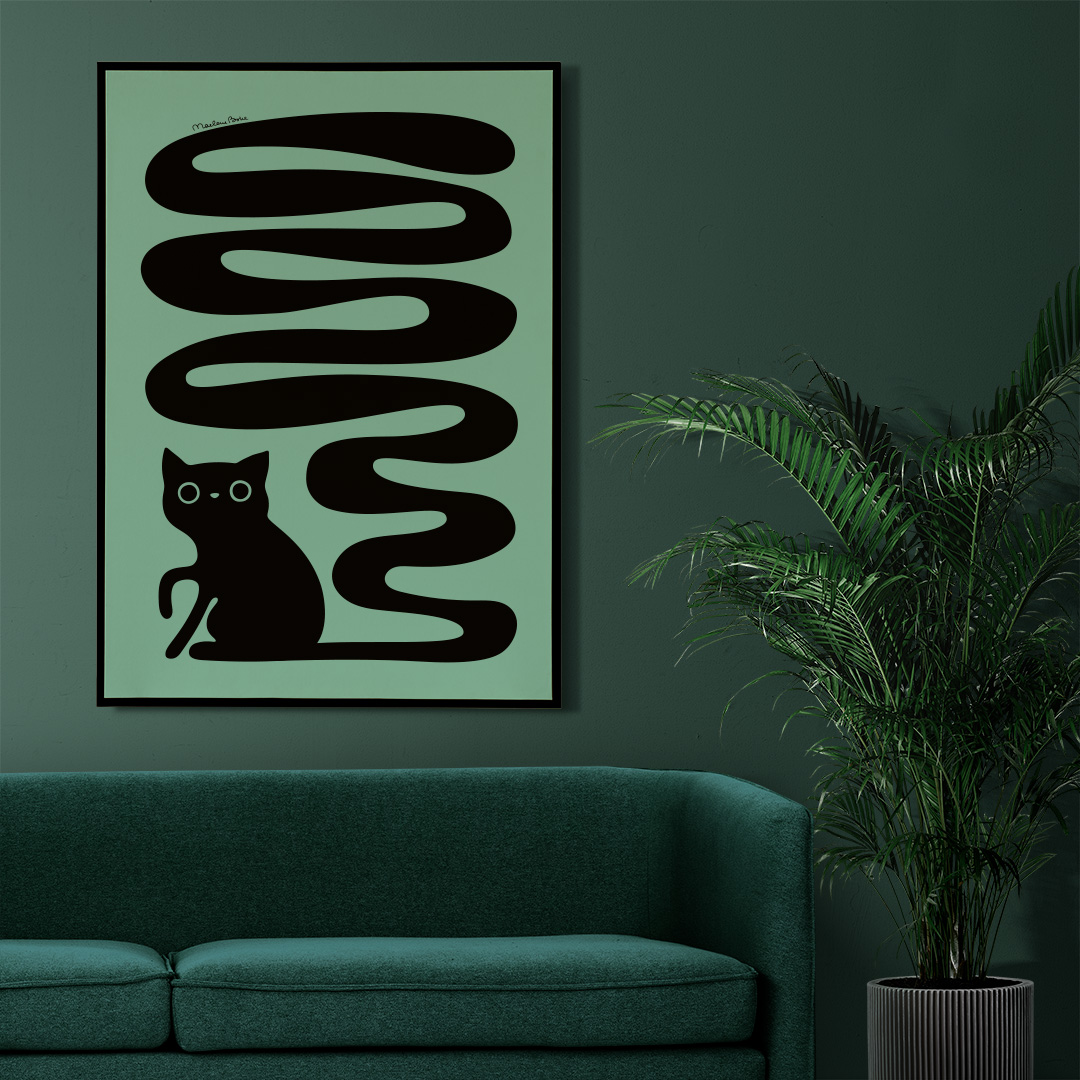 Poster med motivet Svanskatten – en katt med lång slingrande svans. Färg: mint / mintgrön / turkos.