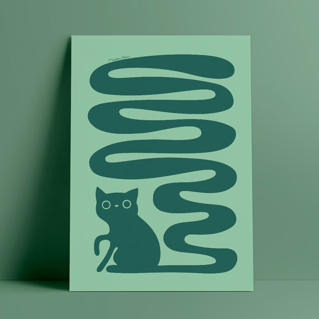 Poster med motivet Svanskatt – en katt med lång slingrande svans. Färg: petrol och mint.
