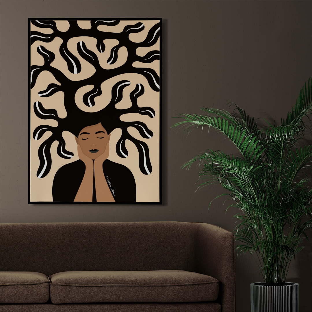 Print / poster med motivet Growing – en kvinna med grönskande hår och personlig utveckling. Färg: sand / beige.