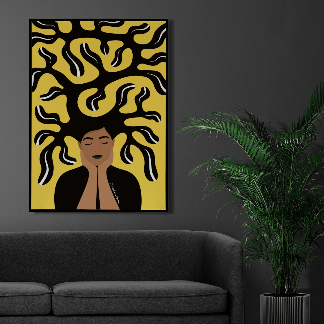 Print / poster med motivet Growing – en kvinna med grönskande hår och personlig utveckling. Färg: gul.