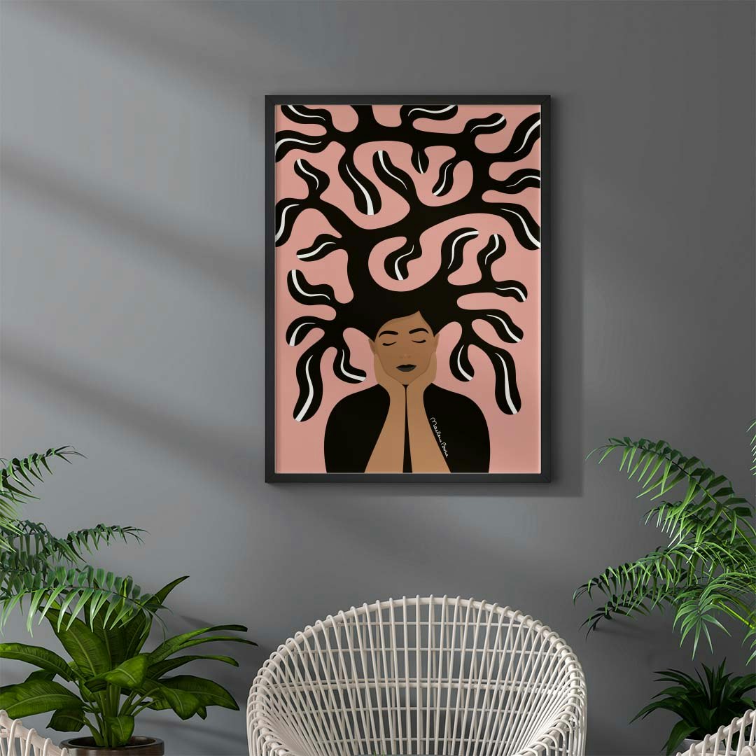 Print / poster med motivet Growing – en kvinna med grönskande hår och personlig utveckling. Färg: rosa.