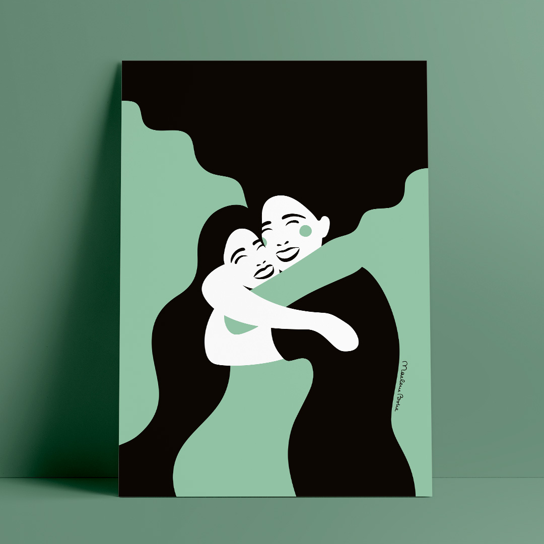 Poster med motivet Systrar – två kvinnor som ger varandra en stor, varm, glad och kärleksfull kram. Färg: mint / turkos.