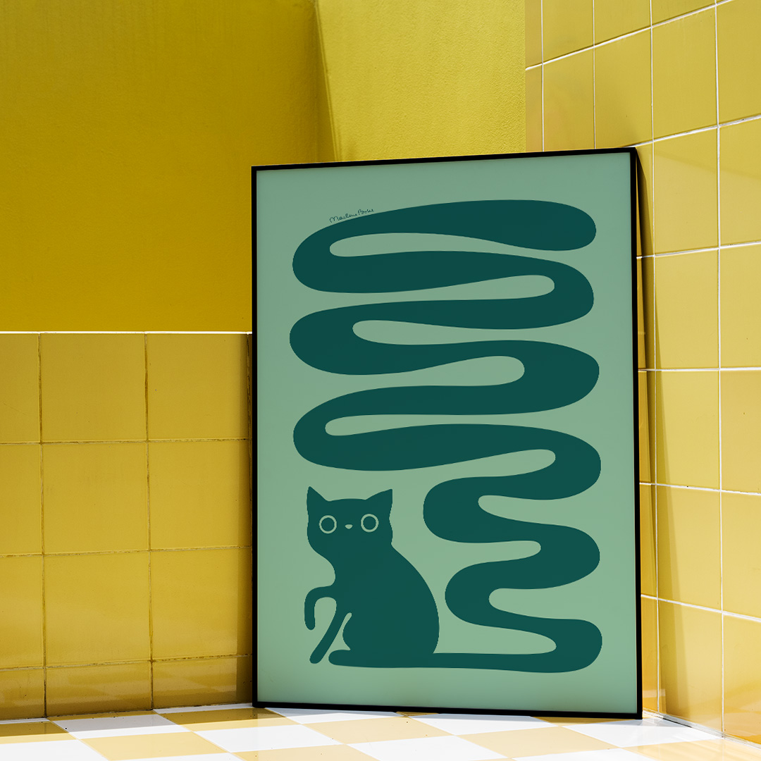 Poster med motivet Svanskatt – en katt med lång slingrande svans. Färg: petrol och mint.