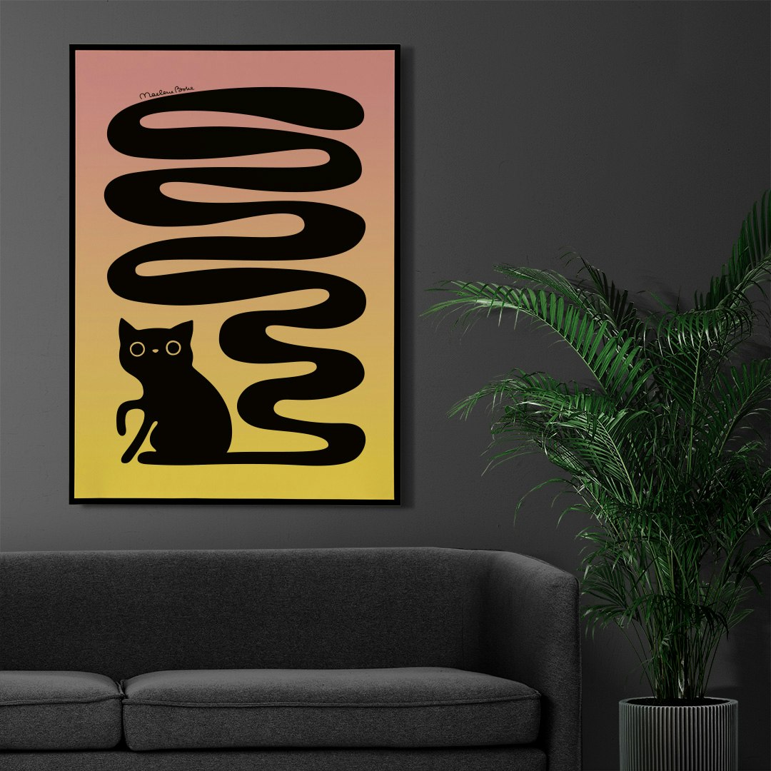 Print / poster med motivet Svanskatten – en katt med lång slingrande svans. Färg: sunrise / gradient från gul till rosa, som en soluppgång.