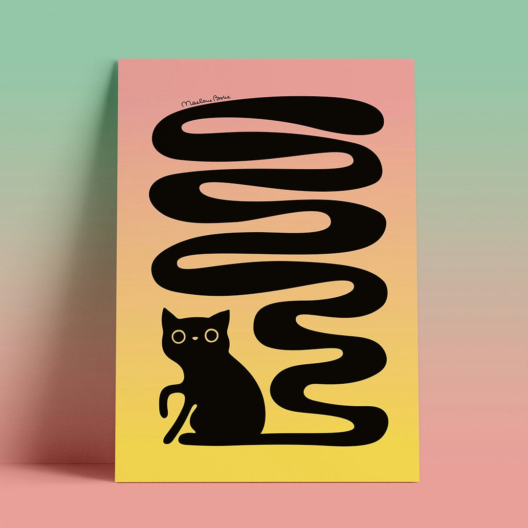 Print / poster med motivet Svanskatten – en katt med lång slingrande svans. Färg: sunrise / gradient från gul till rosa, som en soluppgång.