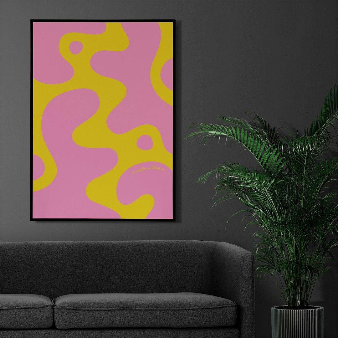 Print / poster med det grafiska motivet Kalas. Färg: gul och rosa.