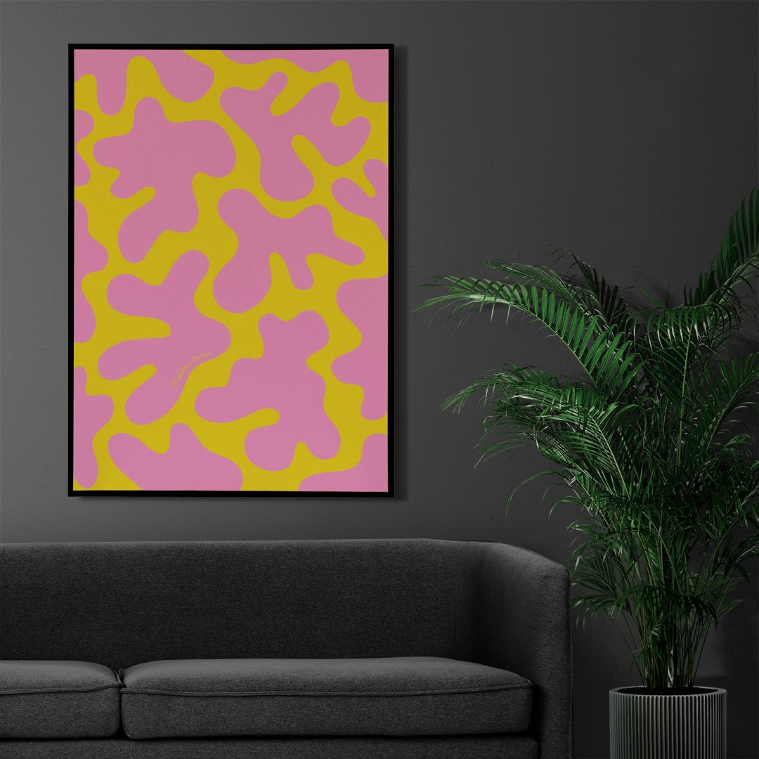Print / poster med det grafiska motivet Blobbar. Färg: gul och rosa.