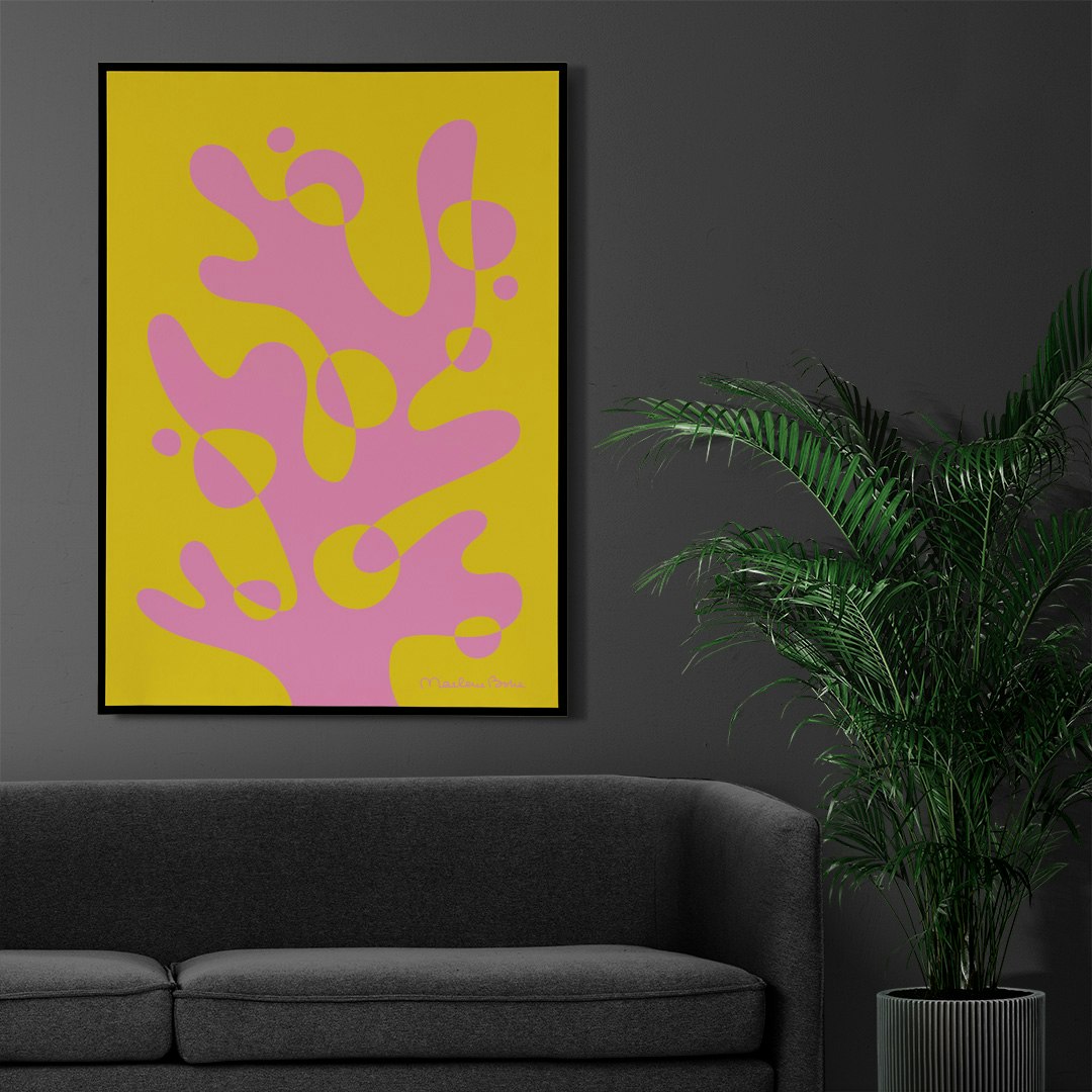 Print / poster med det grafiska motivet Korall. Färg: gul och rosa.