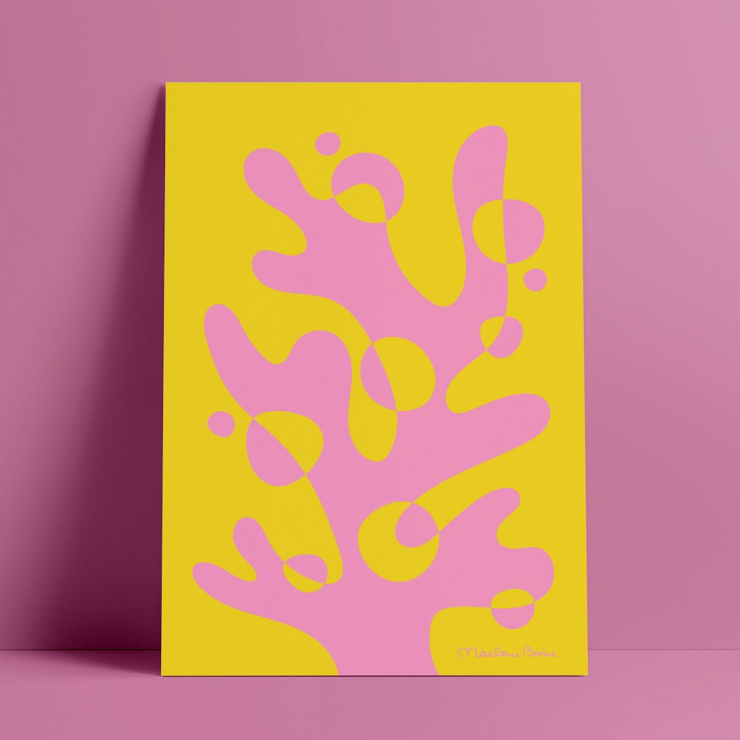Print / poster med det grafiska motivet Korall. Färg: gul och rosa.