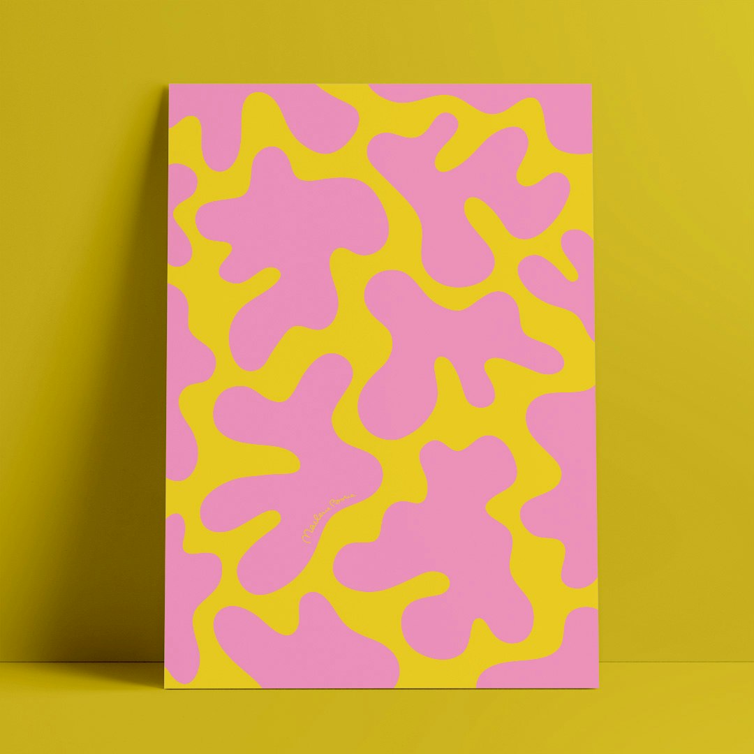 Print / poster med det grafiska motivet Blobbar. Färg: gul och rosa.