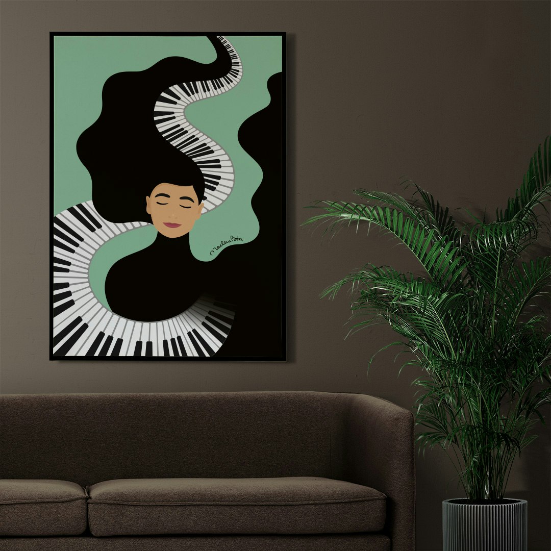Print / poster med motivet Min första kärlek – en kvinna vars hjärta sjunger och vars hår dansar med pianotangenter. Färg: mint.
