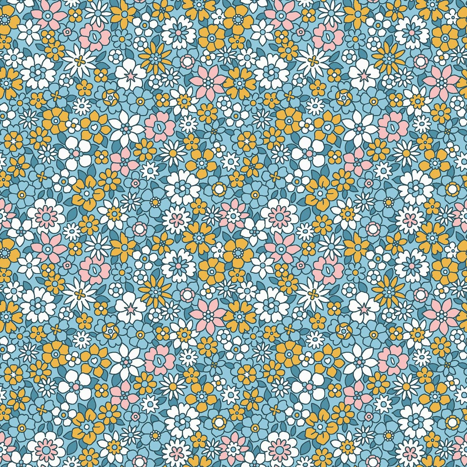 Bomullspoplin blommor turkosblå