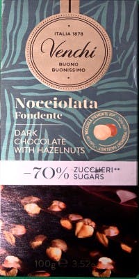 Venchi Fondente  70% mindre socker Extra Dark 75% med Hasselnötter 100g.