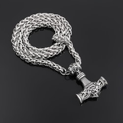 Halsband BIG Thor Gute. (OBS! Extra stor hammare 53 x 37 mm) Fetelänk 8 mm Silverfärgat hänge