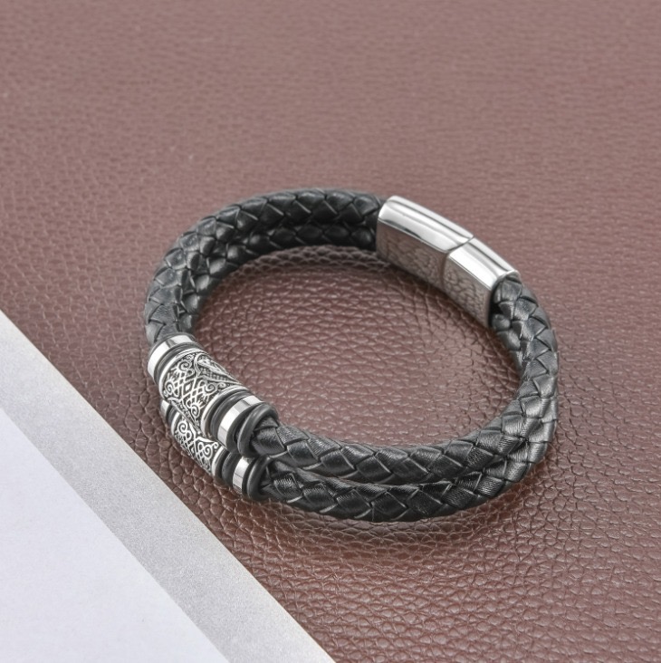 Armband Valknut Läder Svart ( Pu) Dubbelt. 21 cm