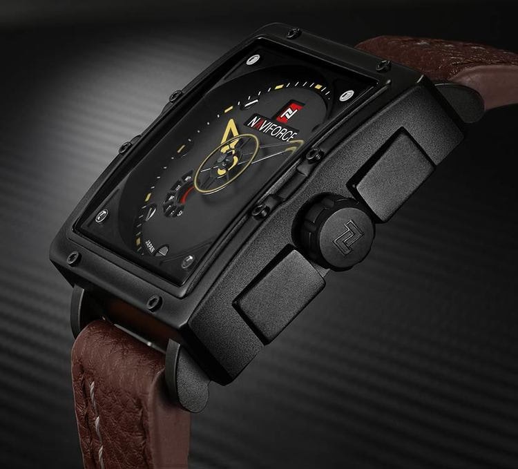 Herrklocka NaviForce Square.  Black / Black. Leather Brown. Quartz. Japan