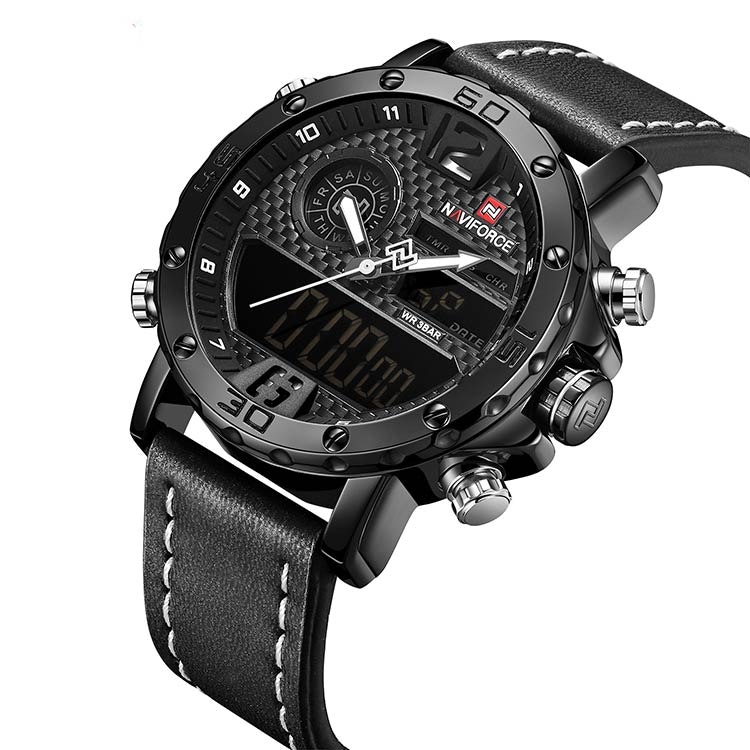 Herrklocka NaviForce Sport Luxury. Black / Black/ Leather Black White pointer. Quartz Japan