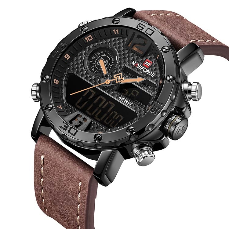 Herrklocka NaviForce Sport Luxury. Black / Black/ Leather Brown. Analog/Digital. Quartz Japan