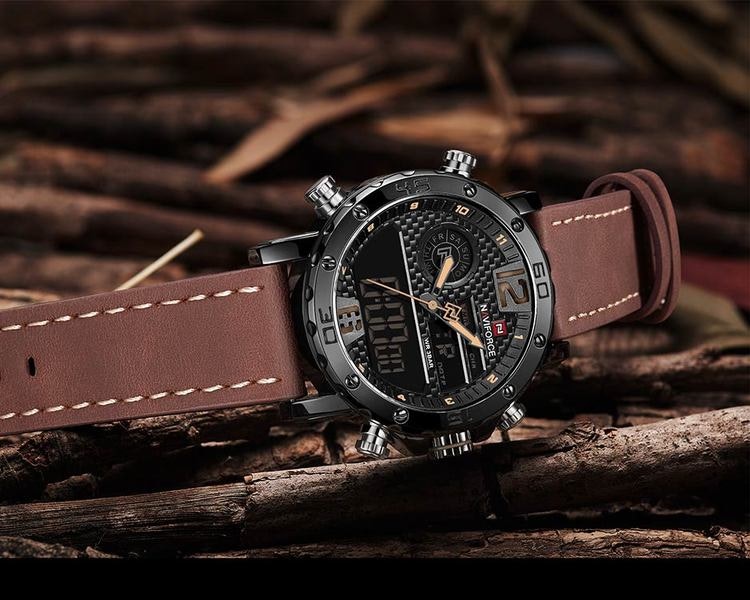 Herrklocka NaviForce Sport Luxury. Black / Black/ Leather Brown. Analog/Digital. Quartz Japan