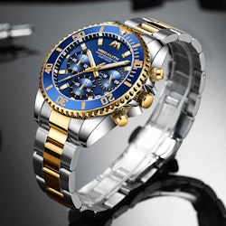 Herrklocka Megalith Chronograph De Lux. Steel/ Gold / Blue. Quartz Japan