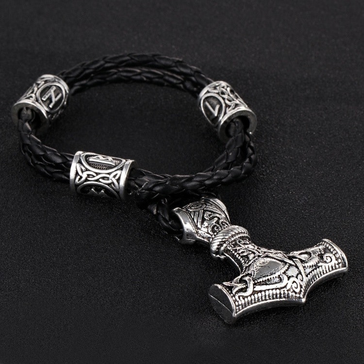 Armband Thors hammare Silver med läderarmband 21 cm